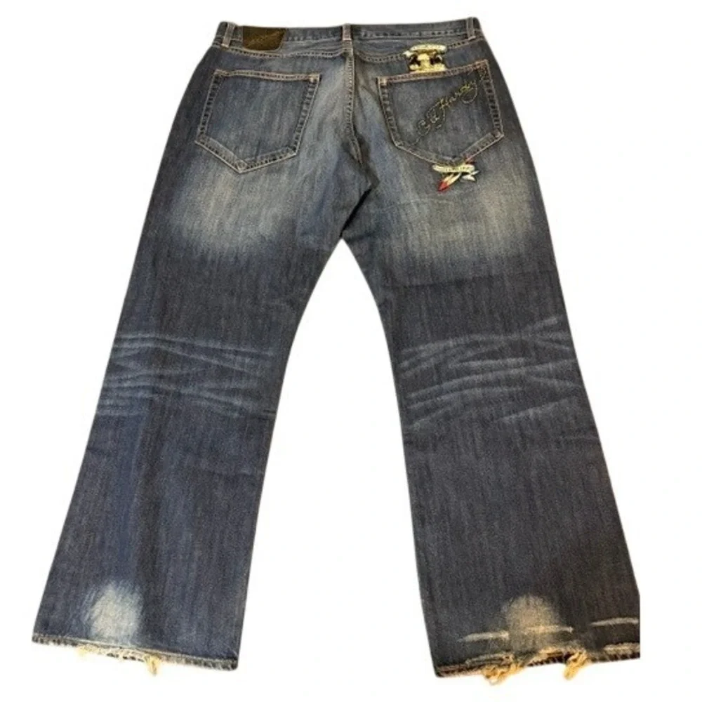Ed Hardy Christian Audigier Denim Jeans Men 40x32 Blue Embroidered Button Fly